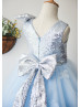 Silver Sequin Blue Tulle V Back Butterfly Flower Girl Dress